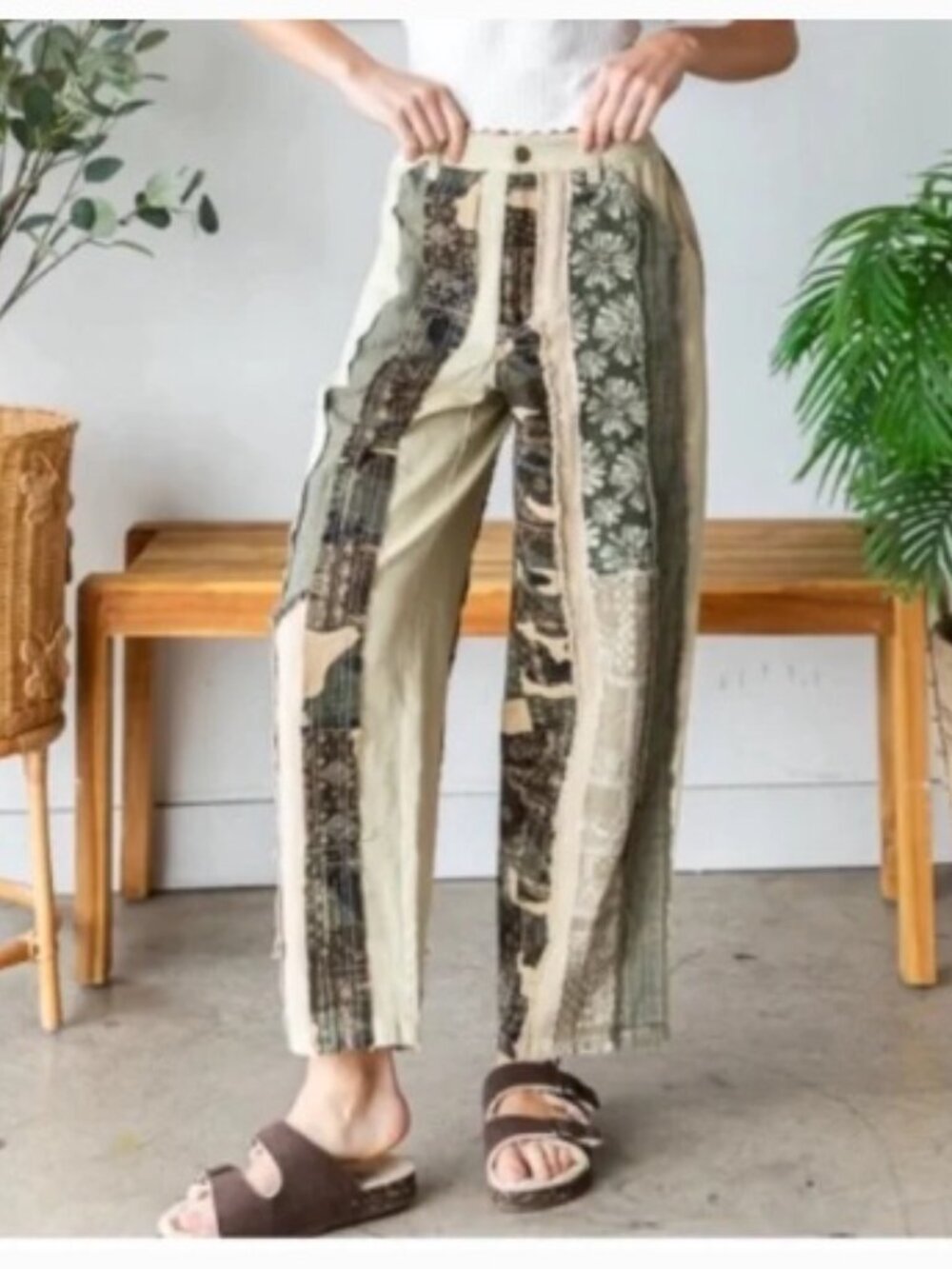 Oli & Hali Mineral Washed Patchwork Mid Rise Twill Pants, Green & Beige | Medium